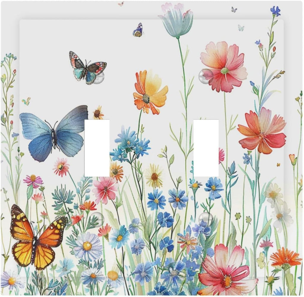 Decorative Light Switch Cover Plate Rustic Wildflower Blue Pink Floral Butterfly 2 Gang Outlet Covers Double Toggle Wall Plates for Electrical Outlets Switch Plate Covers for Home Decor