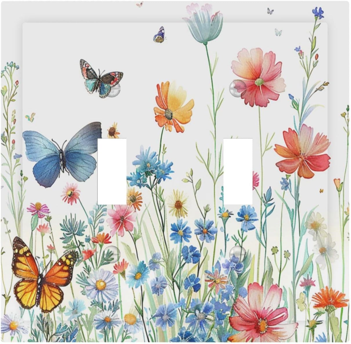 Decorative Light Switch Cover Plate Rustic Wildflower Blue Pink Floral Butterfly 2 Gang Outlet Covers Double Toggle Wall Plates for Electrical Outlets Switch Plate Covers for Home Decor