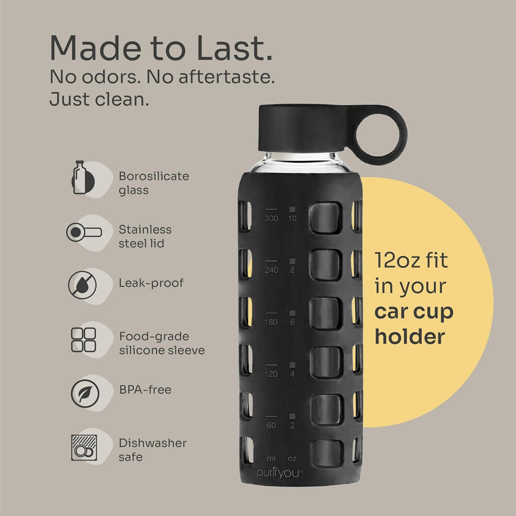purifyou 40oz / 32oz / 22oz / 12oz Borosilicate Glass Water Bottle with Time & Volume Markers, Silicone Sleeve, Stainless Steel Lid | Reusable Glass Bottle for Water & Juice (12oz JetBlack)