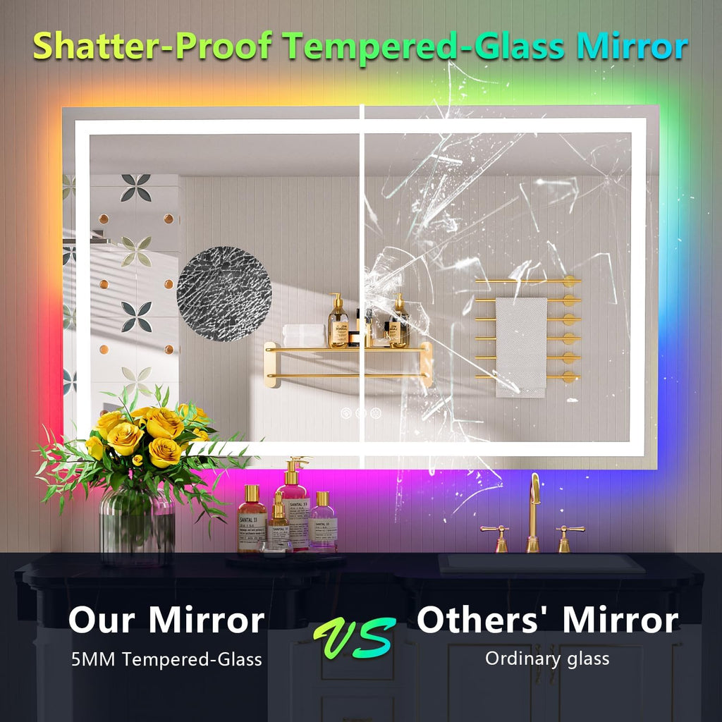 57x36 Inch RGB LED Bathroom Mirror Front Light and RGB Backlit Lighted Vanity Mirror for Bathroom Wall Mounted Dimmable Anti Fog Memory Shatter-Proof IP54 Waterproof Horizontal/Vertical