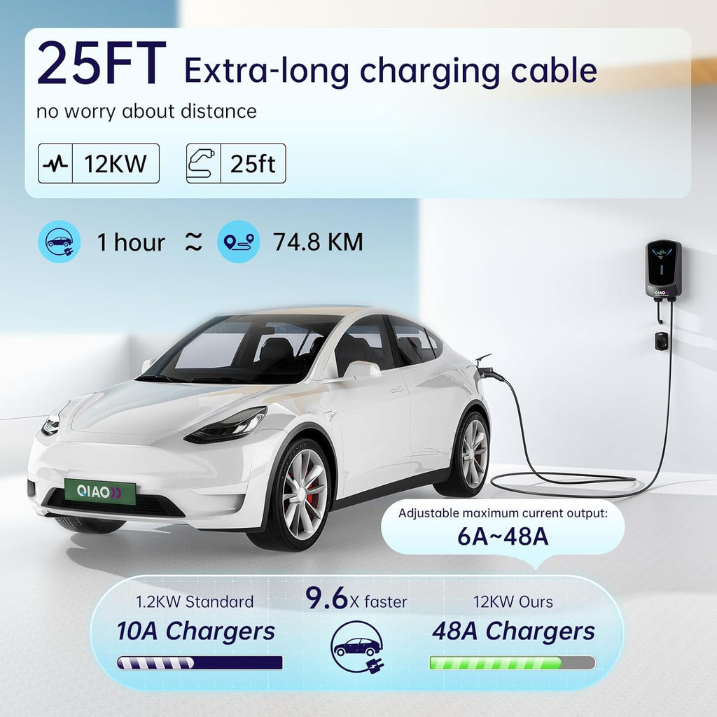 QIAO Level 2 EV Charger, Up to 48A Hardwired Electric Car Charger, Wi-Fi Bluetooth APP Enabled EVSE, 4.3in Display, 25ft Cable, Charge Station Compatible with All SAE J1772 EV Models (Black)