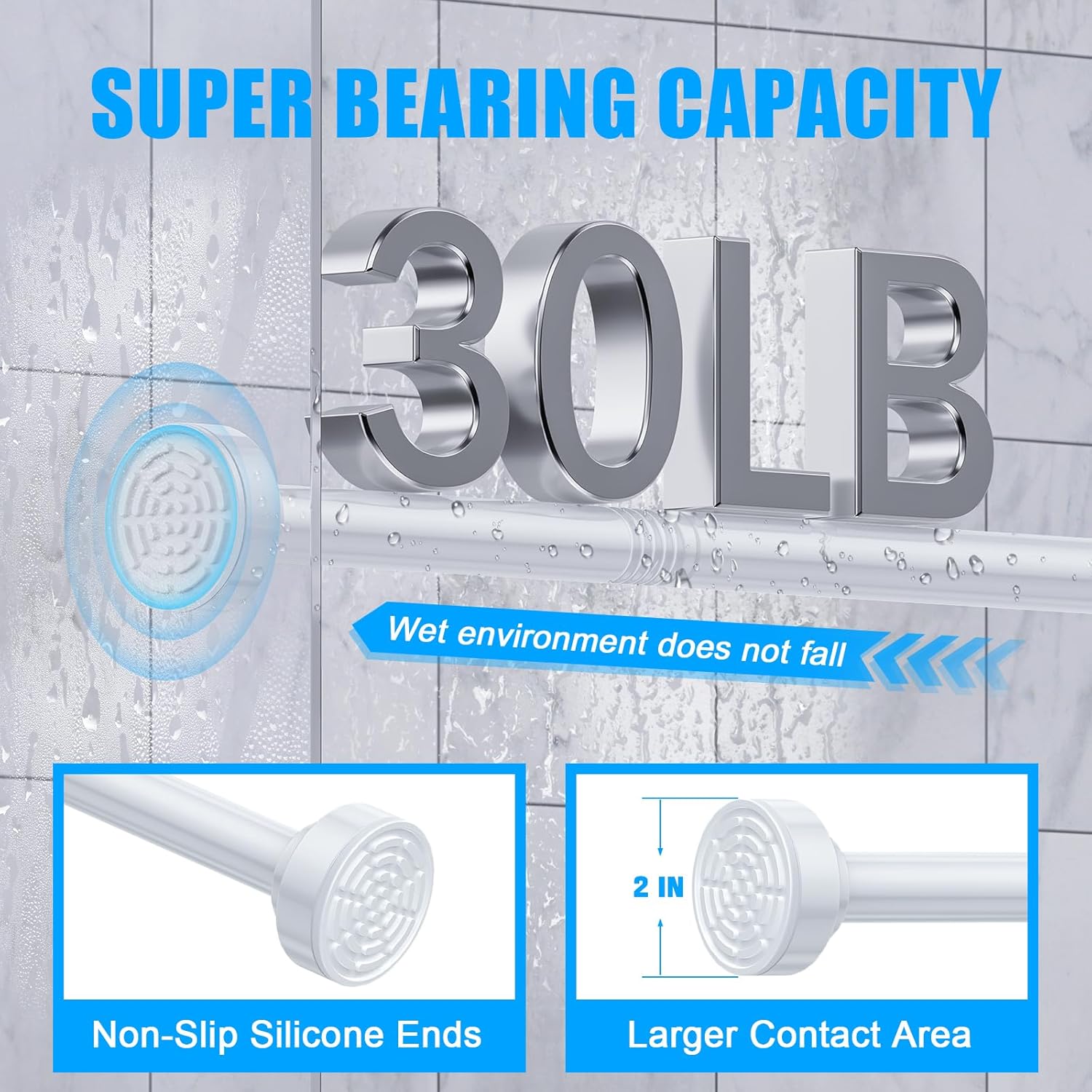 TEECK Shower Curtain Rod, 32-92 inch Adjustable Spring Tension Curtain Rod, Never Rust Anti-Slip Shower Curtain Rod for Bathroom, No Drilling, Never Collapse, Easy to Use, White
