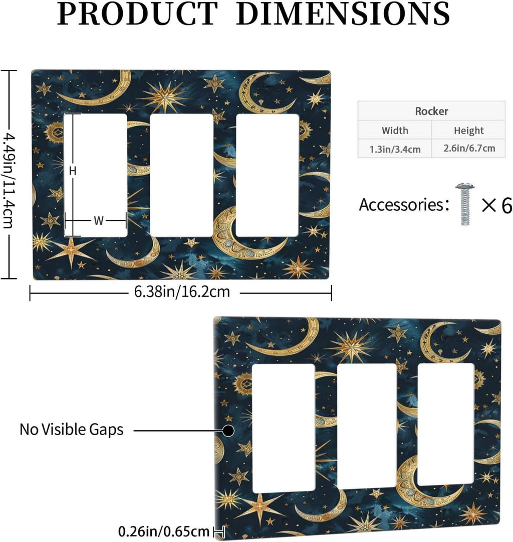 Light Switch Covers Modern Abstract Sky Blue Gold Moon Sun Star 3 Gang Rocker Electrical GFCI Decorative Triple Outlet Wall Plate Cover Switchplate for Bedroom Kids room Decor