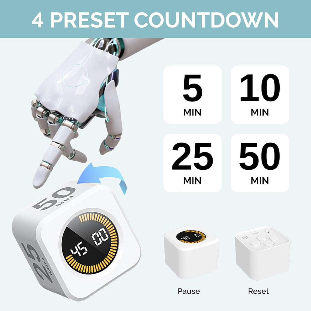KADAMS Pomodoro Cube Timer Productivity Visual Timer 5/10/25/50 Min Customize Timer, Rotating Countdown Countup, Mute - for Work Study Cook Workout Kitchen Classroom for Kid (White)