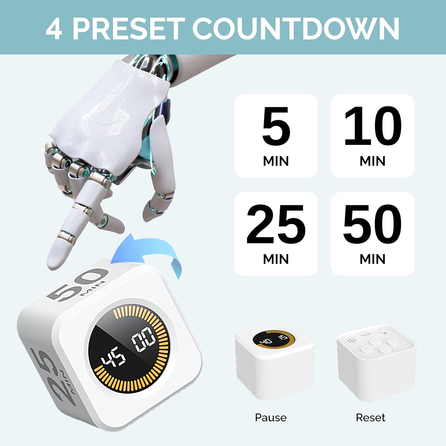 KADAMS Pomodoro Cube Timer Productivity Visual Timer 5/10/25/50 Min Customize Timer, Rotating Countdown Countup, Mute - for Work Study Cook Workout Kitchen Classroom for Kid (White)