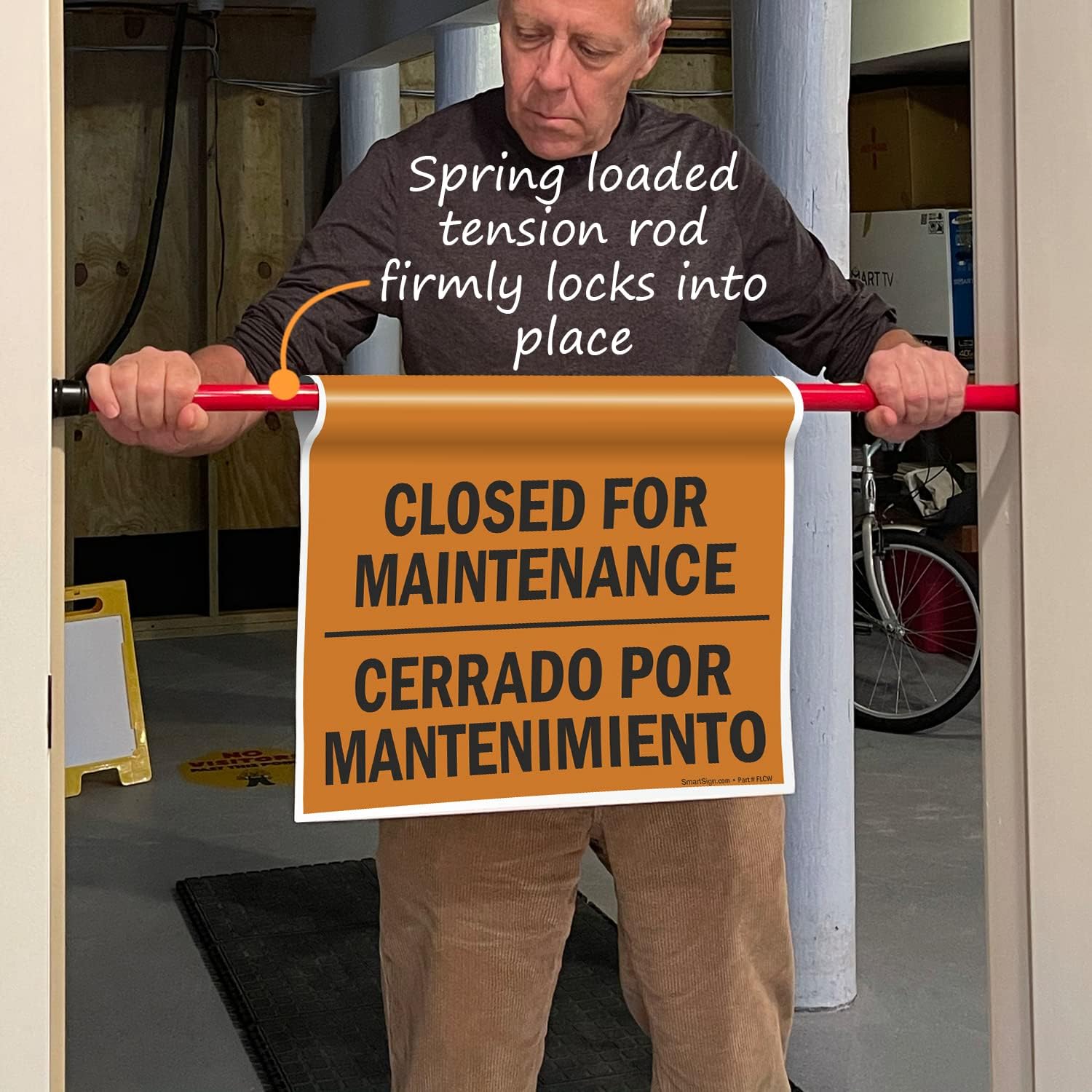 SmartSign "Closed For Maintenance" Bilingual Hanging Doorway Barricade Sign, Spring-loaded Adjustable Twist-To-Tighten Aluminum Pole & 11.25" x 18" Vinyl Sign Kit, Black/Orange, USA-Made