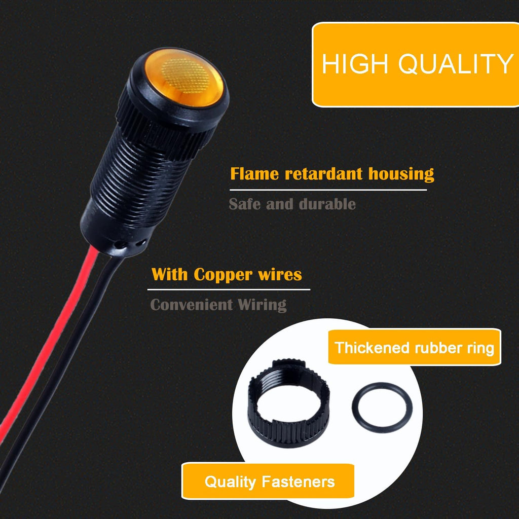 5pcs 10mm LED Indicator Light Plastic Black Signal Dot Lamp 12V-24V 2/5" Mounting Hole Size with 15cm/5.9in. Wire (Yellow LED)