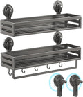Shower Caddy Suction Cup, 15.8 inch 2 Pack Suction Shower Shelf with Hooks NO-Drilling Bathroom Holder, Rustproof Bathroom Organizer, Includes 2 Extra Suction Cups, Dark Grey