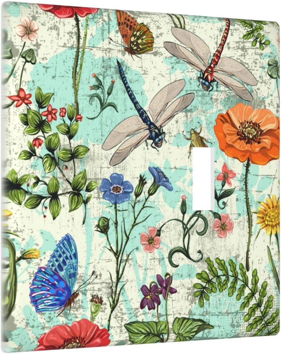 Dragonflies Flowers Butterfly 2 Gang 1 Toggle 1 Blank Outlet Light Switch Cover Decorative Wall Plate Cover For Home Living Bedroom Kitchen Decorative