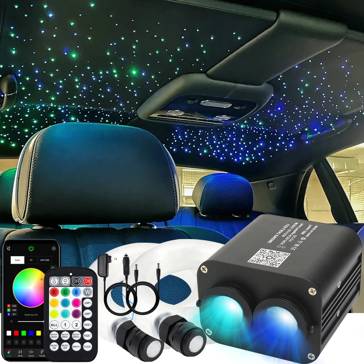 AZIMOM Dual Color 20W Twinkle Fiber Optic Starlight Kits 600pcs*0.03in*9.8ft Fiber Strands End Glow Sound Activated Remote APP Control RGBW Light Source Home Car Ceiling Headliner Décor