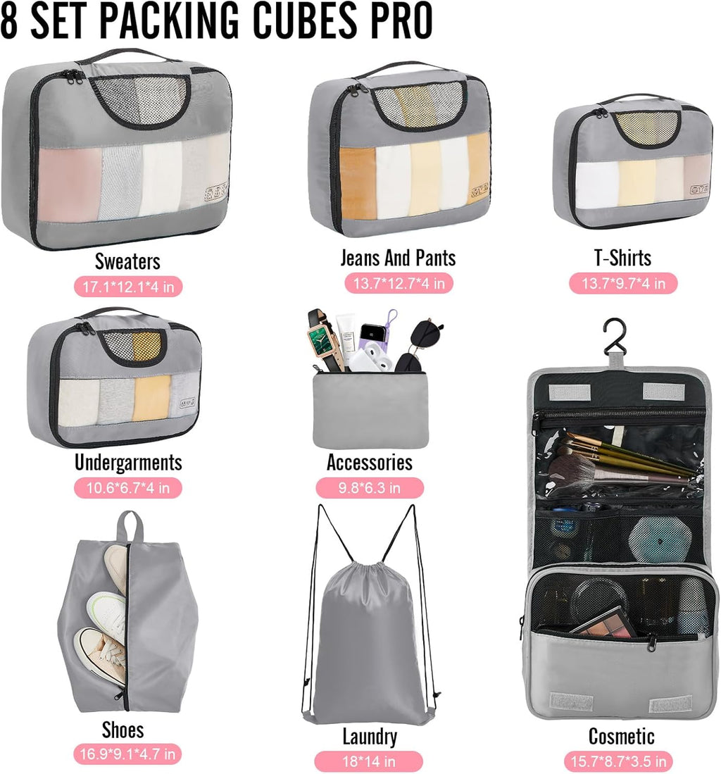 Veken 8 Set Packing Cubes for Travel Essentials, Suitcase Organizer Bags in 4 Sizes, Carry-On Luggage Accessories with Large Laundry & Hanging Toiletry Bag, Must-Have for Airplane, Road Trip & Camping