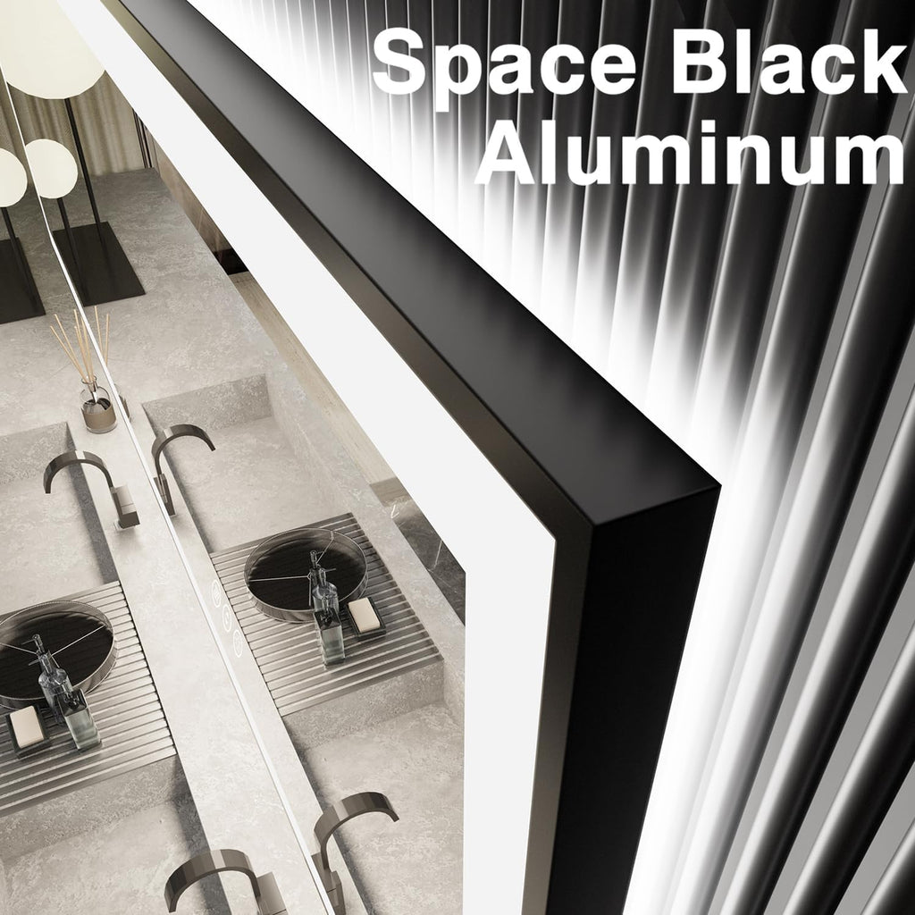 28x36 Lighted Bathroom Mirror, Wall-Mounted, Black Rim Mirror, Vanity(Front and Backlit), Stepless Dimmable CRI90+, Anti-Corrosion, Anti-Rust, Touch Sense, Memory(Horizontal/Vertical)