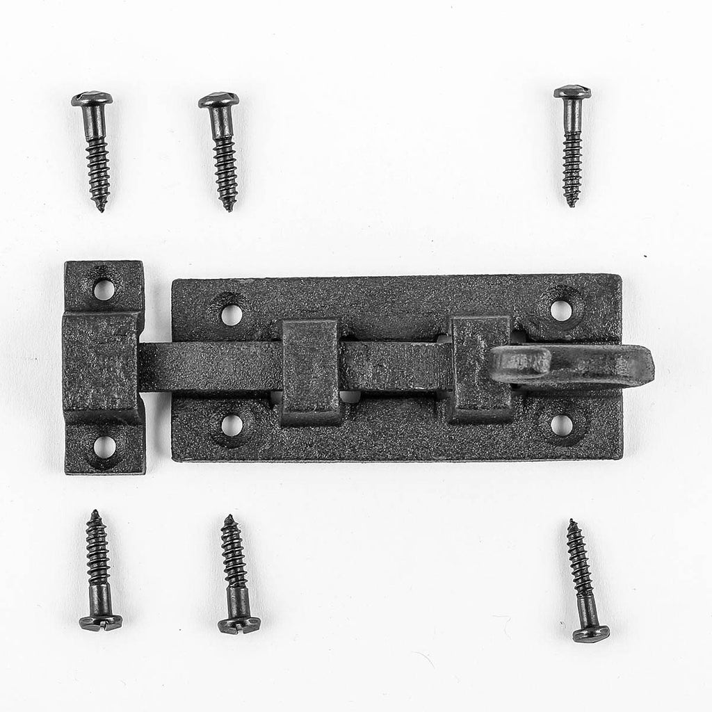 Renovators Supply Manufacturing Black Slide Bolt Door Latch 3 7/8 in. Long Wrought Iron Metal Surface Sliding Bolts with Catch for Cabinet Doors Rust Resistant Security Locks with Hardware Pack of 2