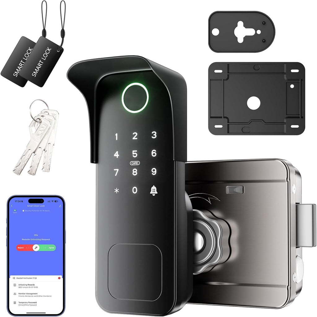Smart Gate Lock, Electronic Gate Locks for Outdoor Fence, Keyless Smart Rim Lock, Electric Sided Keypad Locks with App Control, IC Card, Keys, Anti-Peep Touchscreen, Perfect for Fence and Outdoor