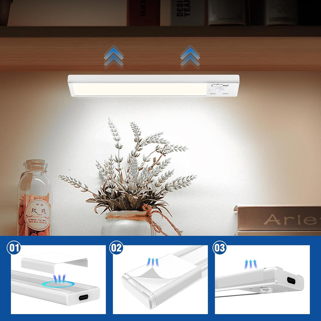 Under Cabinet Lights 2 Pack 8 inch Rechargeable Battery Operated Motion Sensor Light Indoor USB Charging Closet Lights Battery Operated with 3 Color Temps for Kitchen, Stairs, Home