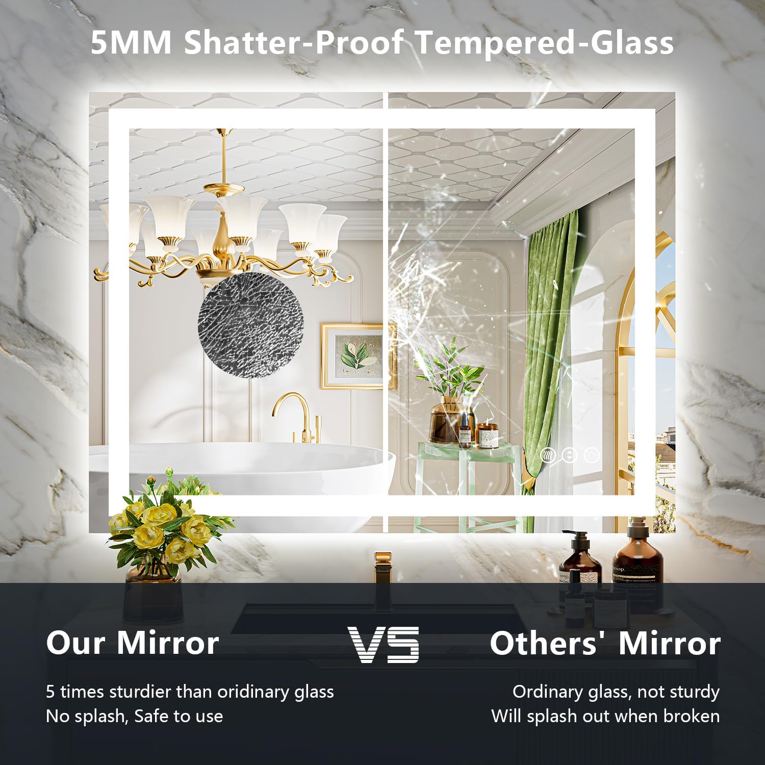 44x30 Inch LED Bathroom Mirror with Lights Front and Backlit Lighted Vanity Mirror for Bathroom Wall with 3 Colors Dimmable Anti-Fog Memory Shatter-Proof IP54 Waterproof Horizontal/Vertical