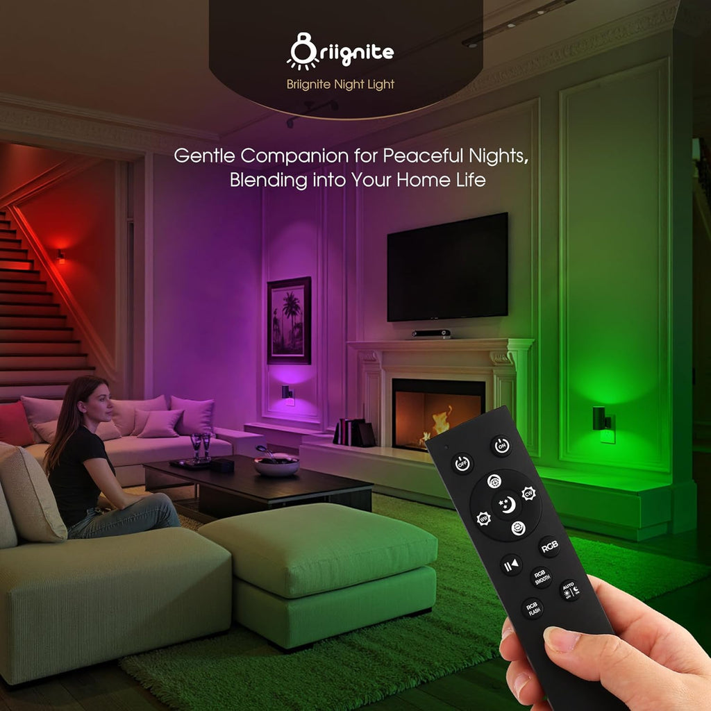 Briignite Night Lights Plug into Wall, 2 Pack 11-Color Changing Night Light with 1 Remote Control, 3000K+6000K+RGB LED Nightlight for Kids with Light Sensor, 0-100 LM Adjustable for Bedroom, Stairway