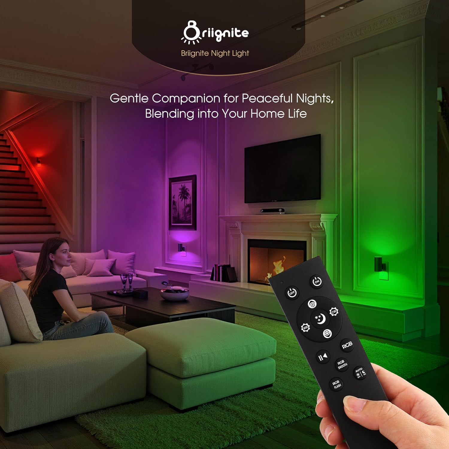 Briignite Night Lights Plug into Wall, 1 Pack 11-Color Changing Night Light with 1 Remote Control, 3000K+6000K+RGB LED Nightlight for Kids with Light Sensor, 0-100 LM Adjustable for Bedroom, Stairway