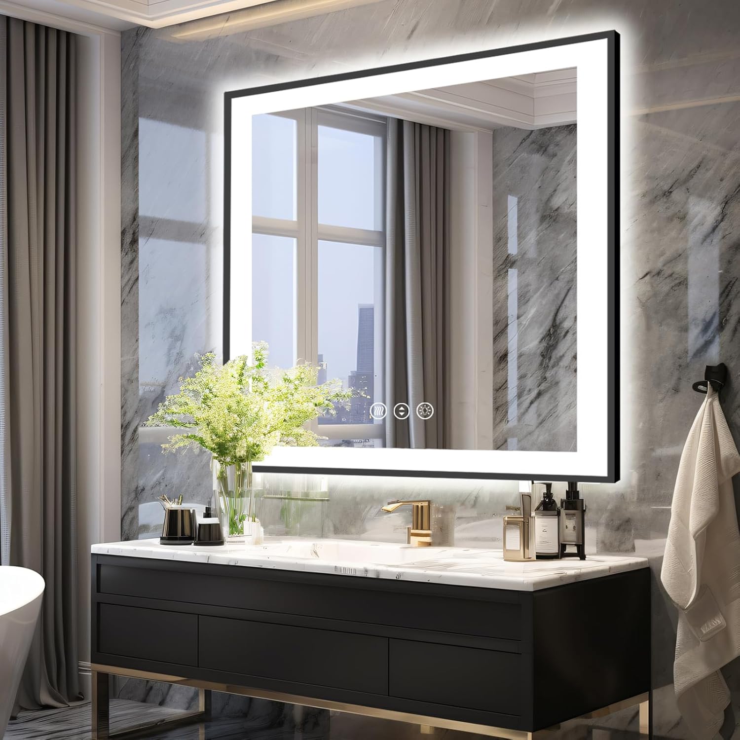 36x36 Square Lighted Bathroom Mirror, Wall-Mounted, Black Rim Mirror, Vanity(Front and Backlit), Stepless Dimmable CRI90+, Anti-Corrosion, Anti-Rust, Touch Sense, Memory(Horizontal/Vertical)
