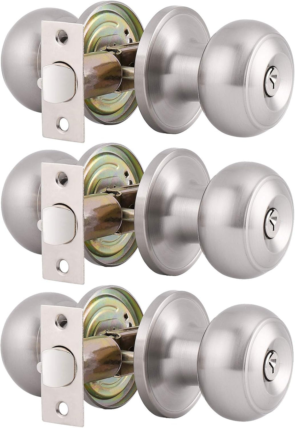 Gobrico Round Keyed-Alike Exterior Door Hardware Entrance Locksets Door Knobs, Satin Nickel, 3Pack, Stainless Steel