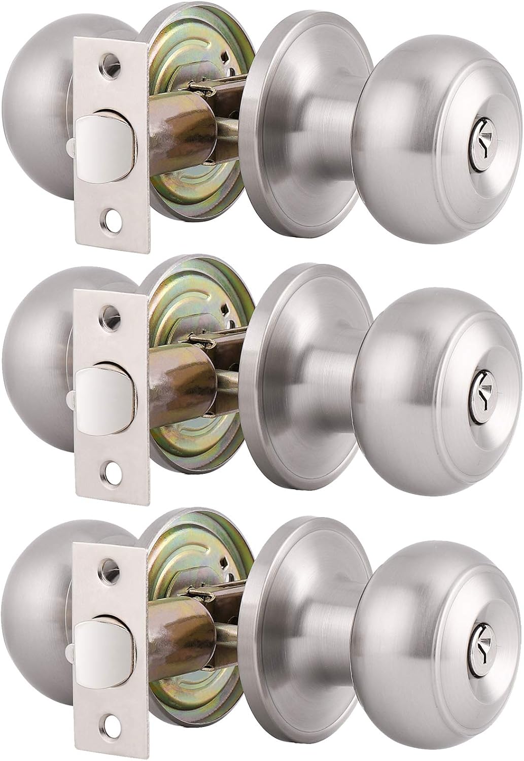 Gobrico Round Keyed-Alike Exterior Door Hardware Entrance Locksets Door Knobs, Satin Nickel, 3Pack, Stainless Steel