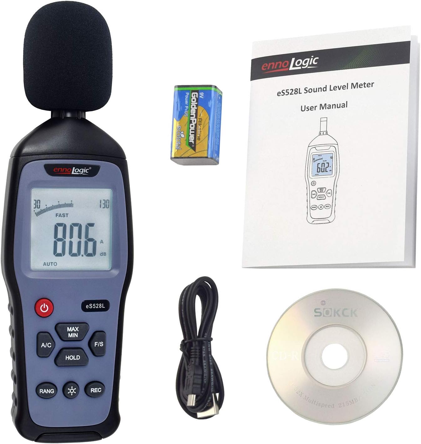 eS528L Decibel Meter and Recorder by ennoLogic – Digital Sound Level Meter and Noise Logger – Max/Min/Hold, 30-130 dBA Range, Updated Software