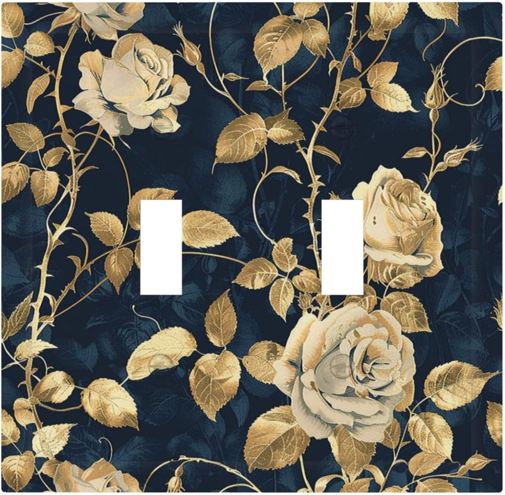 Decorative Switch Plates Boho Vintage Floral Golden Flower Dark Blue Background 2 Gang Double Toggle Outlet Light Switch Cover Wall Plate Electrical Faceplate for Bedroom living Room Decor
