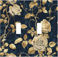 Decorative Switch Plates Boho Vintage Floral Golden Flower Dark Blue Background 2 Gang Double Toggle Outlet Light Switch Cover Wall Plate Electrical Faceplate for Bedroom living Room Decor