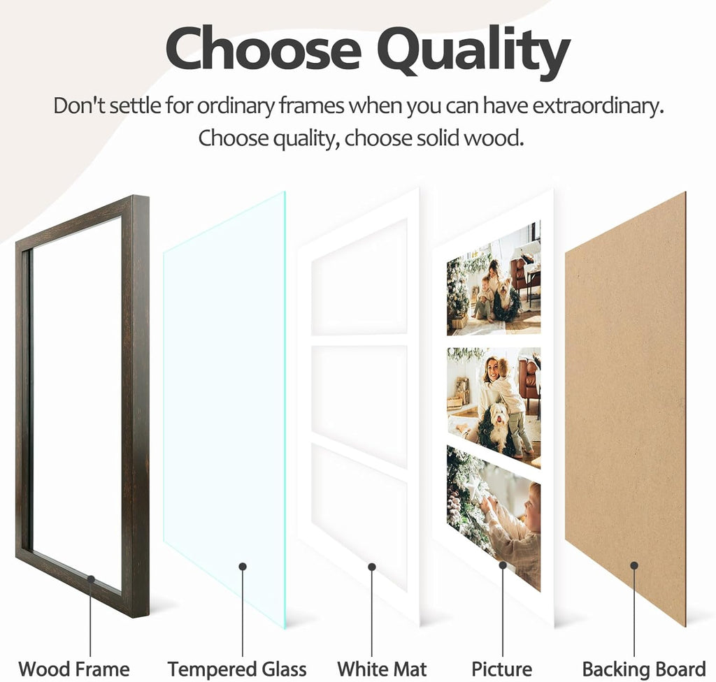 Golden State Art Three 5x7 Collage Picture Frame - Solid Wood with Tempered Glass - Multi Picture Frame Display Three 5x7 Photos with Mat - or One 9x18 Frame Without Mat for Wall Decor, Dark Brown