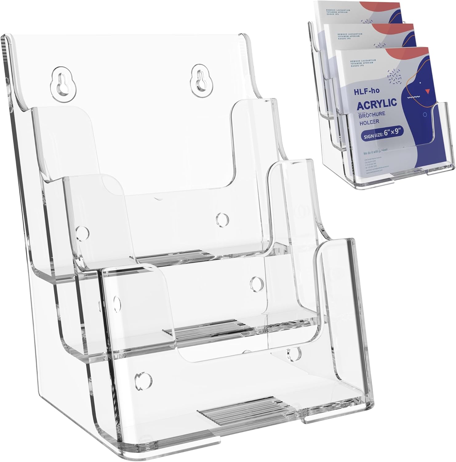 Brochure Holder 6x8 Inch 3 Tier Acrylic Literature Holders Clear Plastic Flyer Display Stand Countertop Use or Wall Mount Pamphlet Holder Organizer for Office, Lobby, Hotel, Trade Show, 1 Pack