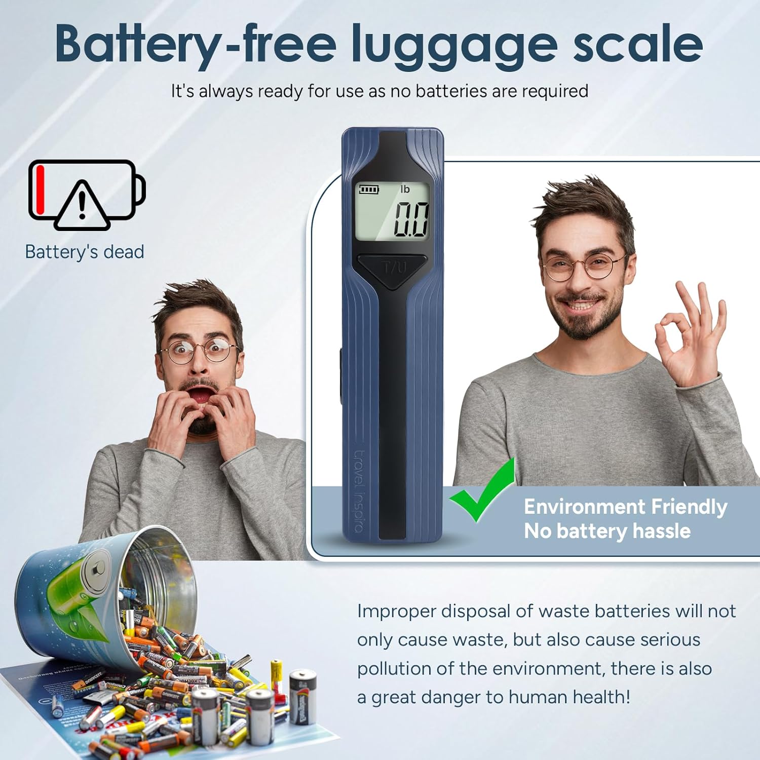 travel inspira Luggage Scale Battery-Free, Travel Essentials, Portable Handheld Digital Suitcase Weight Scale for for Travel Accessories, 110lbs/50kg (Dark Blue)