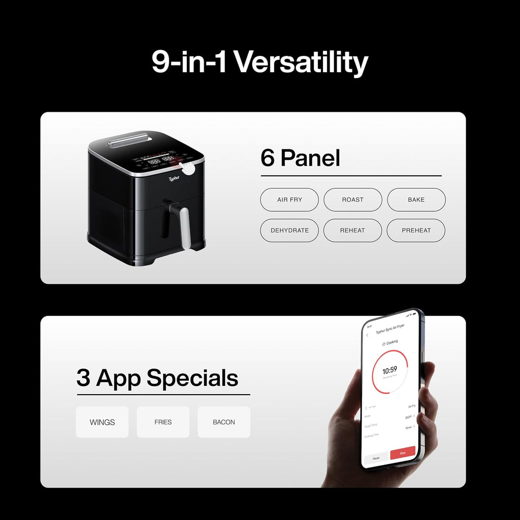 Typhur 8QT Sync Air Fryer with Built-in Wireless Meat Thermometer, 9-in-1 Smart Non Toxic Ceramic Airfryer for Quick Easy Meals, 450°F Max, Cooks 6lb Whole Chicken, Dishwasher Safe, 120V