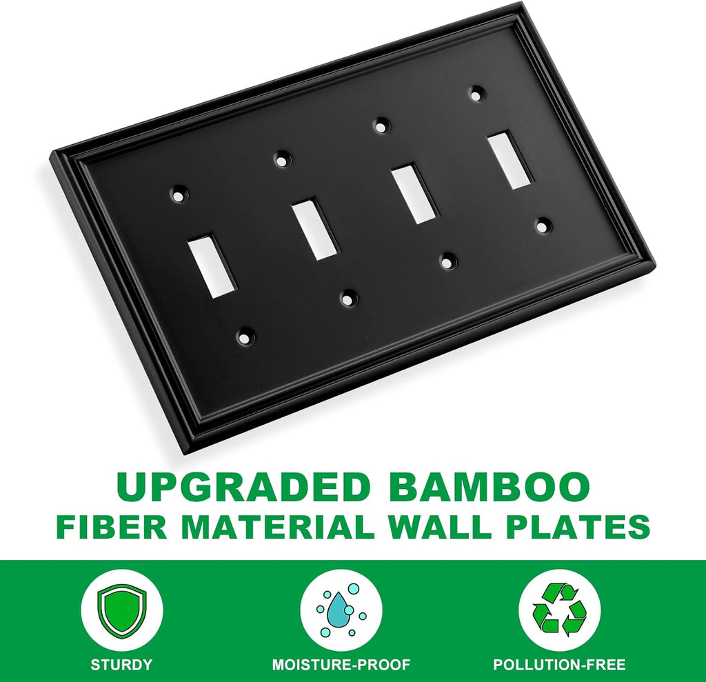 Black Modern Decorative Wall Plate Light Switch Cover Decorator Outlet Covers Rocker Switch Plates Bamboo Fiber Material Wall Plates for Kitchen Bathroom (4 Gang Quad Toggle-1 Pack)