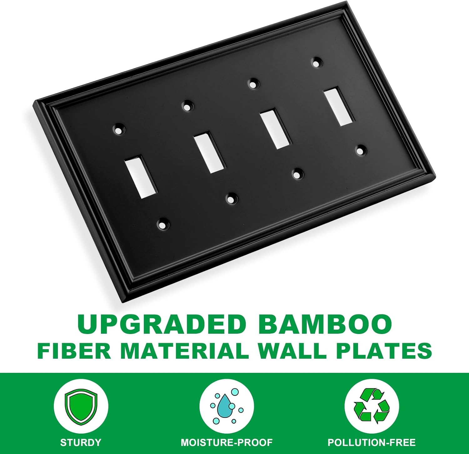 Black Modern Decorative Wall Plate Light Switch Cover Decorator Outlet Covers Rocker Switch Plates Bamboo Fiber Material Wall Plates for Kitchen Bathroom (4 Gang Quad Toggle-1 Pack)