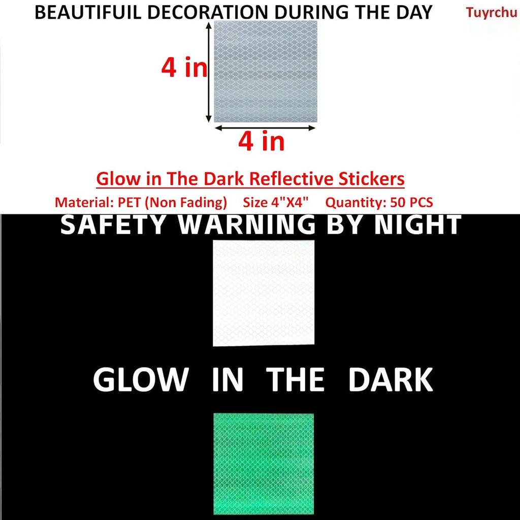 Glow in The Dark Reflective Stickers 4 inch X 4 inch for Truckskes, Warning Strong Safety Adhesive Reflective Strips (50 Pcs)