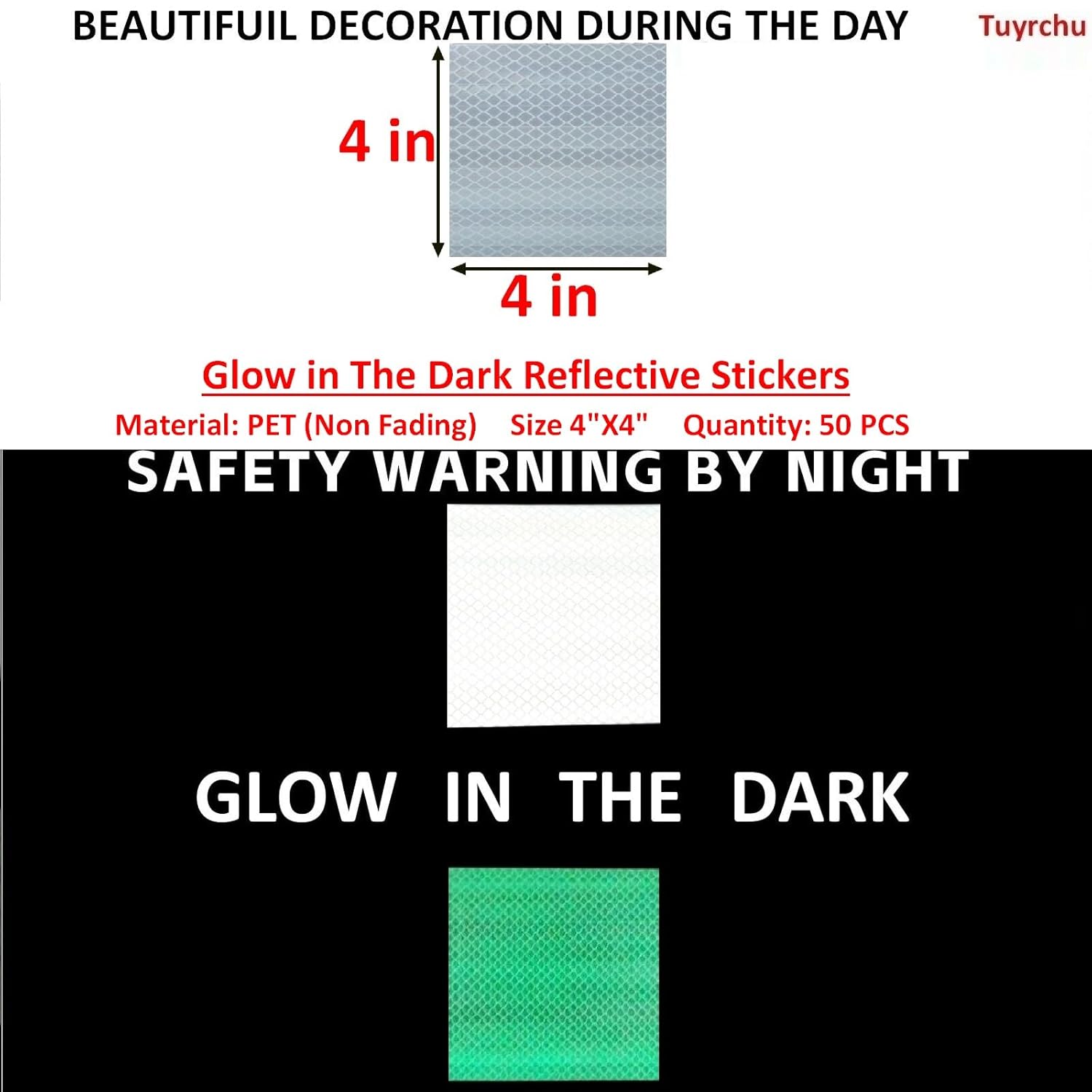 Glow in The Dark Reflective Stickers 4 inch X 4 inch for Truckskes, Warning Strong Safety Adhesive Reflective Strips (50 Pcs)