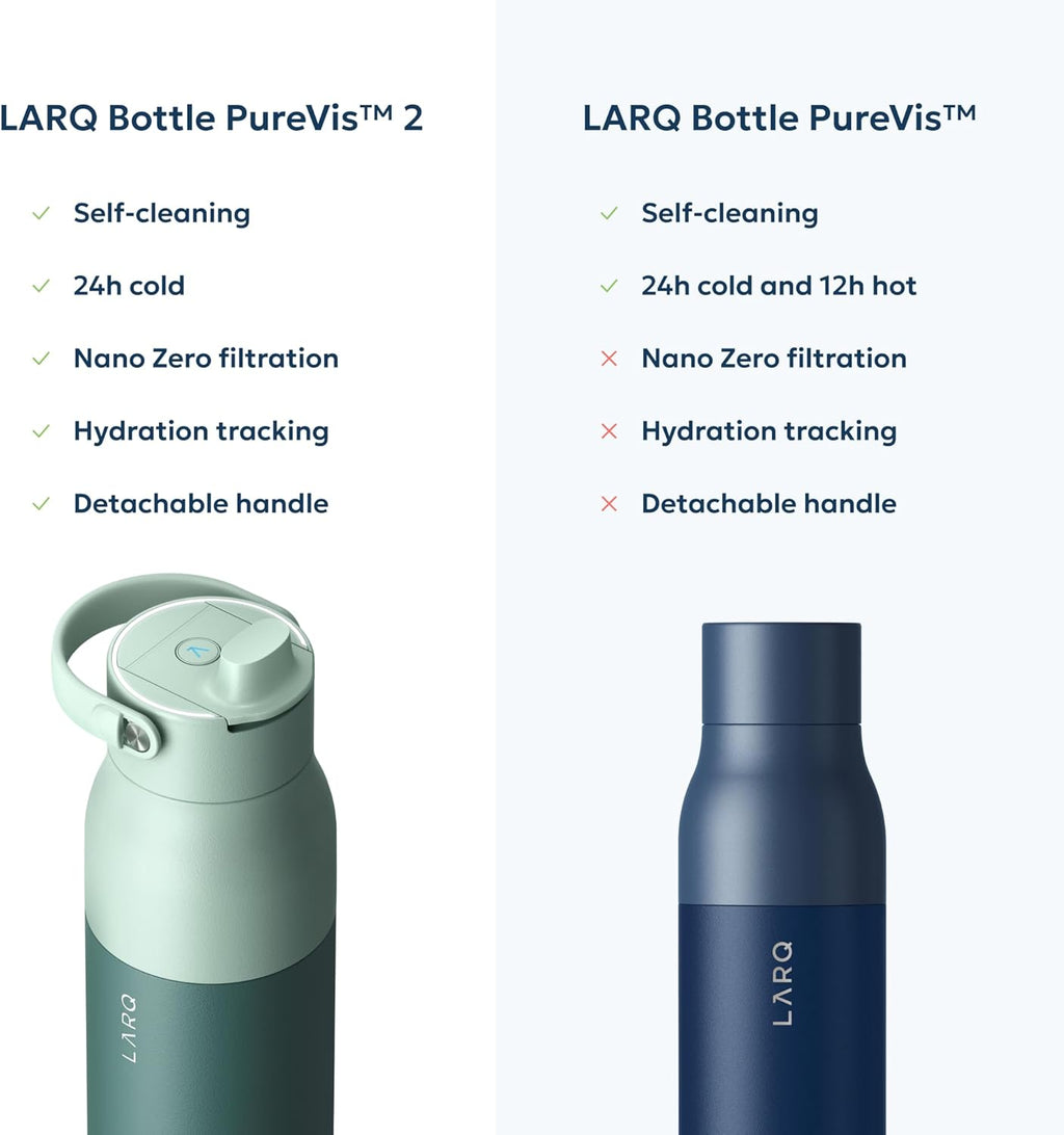 LARQ Bottle PureVis 2 - UV Water Purifier with Self-Cleaning, App Hydration Tracking, Filter Straw, Detachable Handle, Double-Wall Insulated