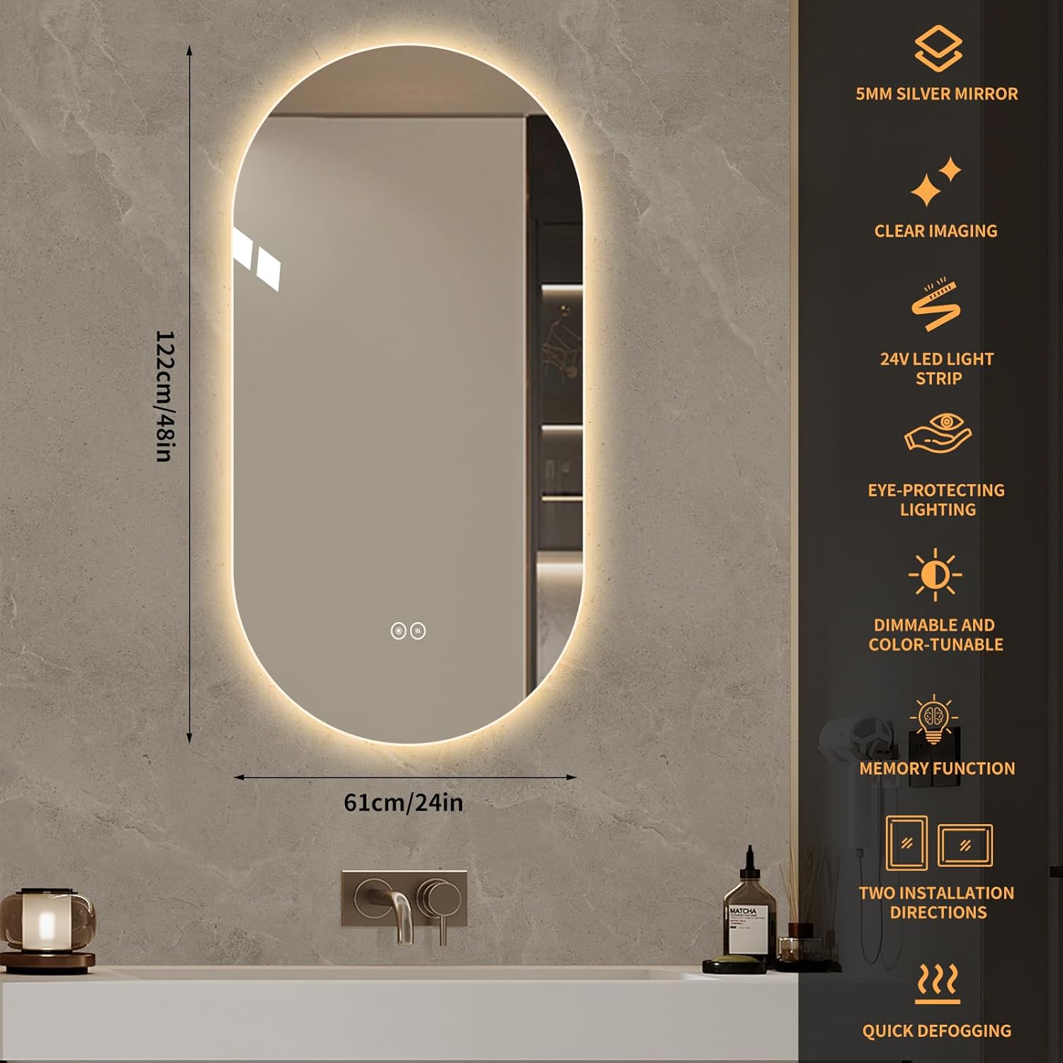 LAIYA 24V Full-Power Oval LED Bathroom Vanity Mirror, 48X24inch Frameless Backlit Mirror with Light, Smart Anti-Fog Waterproof Mirror with Memory Function Dimmable Lighted Mirror