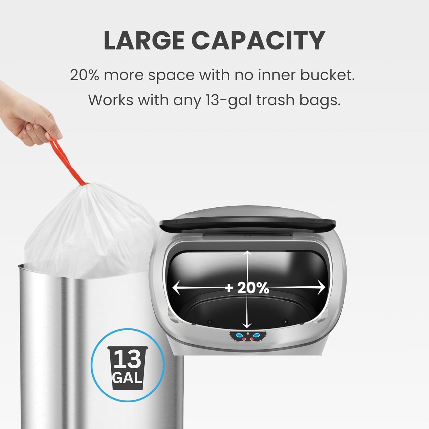 SensorCan 13 Gallon Touchless Sensor Odor Control System, Stainless Steel Oval Shape Automatic Garbage Bin, Base Model Trash Can