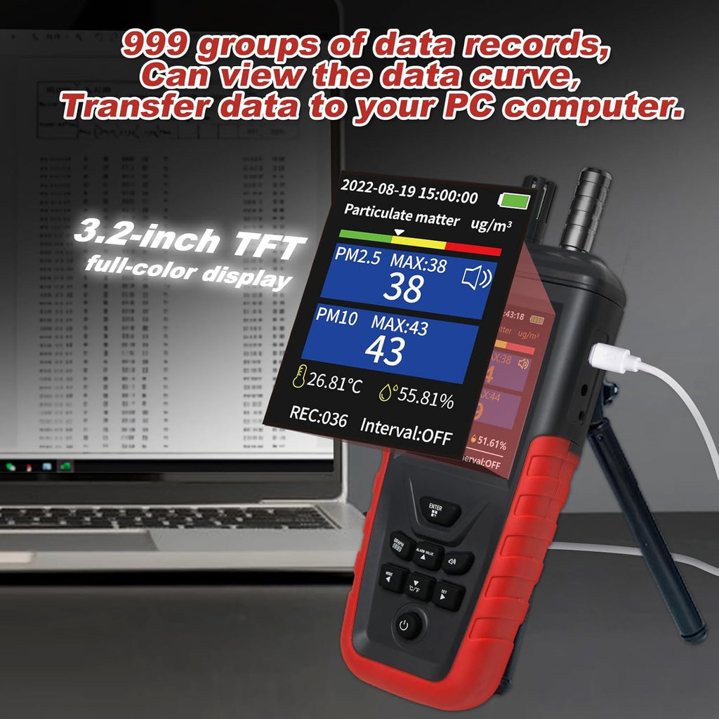 Portable Particle Counter, Handheld Dust Monitor 1000μg/m³PM2.5 Detects 6-Channel 0.3μm-10μm Particles, 14644-ISO9 Level Standard Air Pollution Monitor w/Temp & Humidity for Indoor Cleanroom