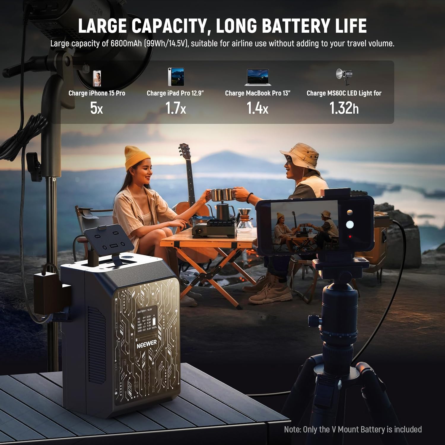NEEWER Smart Mini V Mount Battery NEEWER APP Control, 6800mAh 99Wh 14.5V with 100W PD Fast Charging, OLED, Dual USB C/D Tap/BP/USB A/Dual DC Ports, Compatible with BMPCC 4k 6k Camcorder Camera, PS099S
