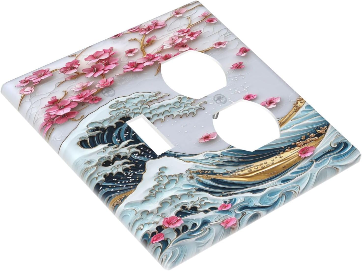 Wallplates The Great Wave Off Kanagawa With Sakura 1 Toggle 1 Duplex Switch Plate Electrical GFCI Faceplate Decorative Light Switch Covers for Bedroom Bathroom Decor