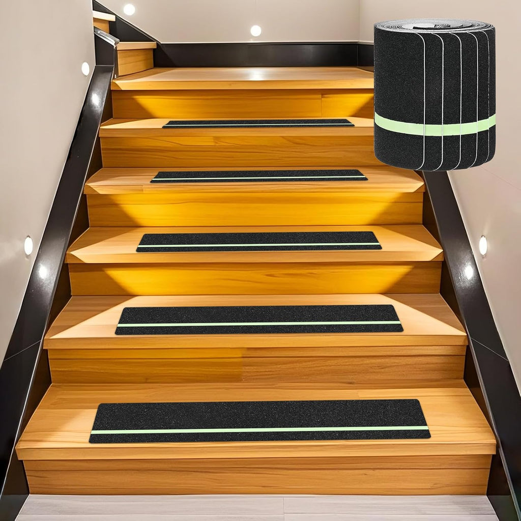 10-Pack Anti Slip Traction Tape 24" x 6" Best Grip Tape Grit with 12mm/0.47" Glow in Dark Stripe High Traction Friction Abrasive Adhesive for Indoor/Outdoor Stairs[Black+Green]