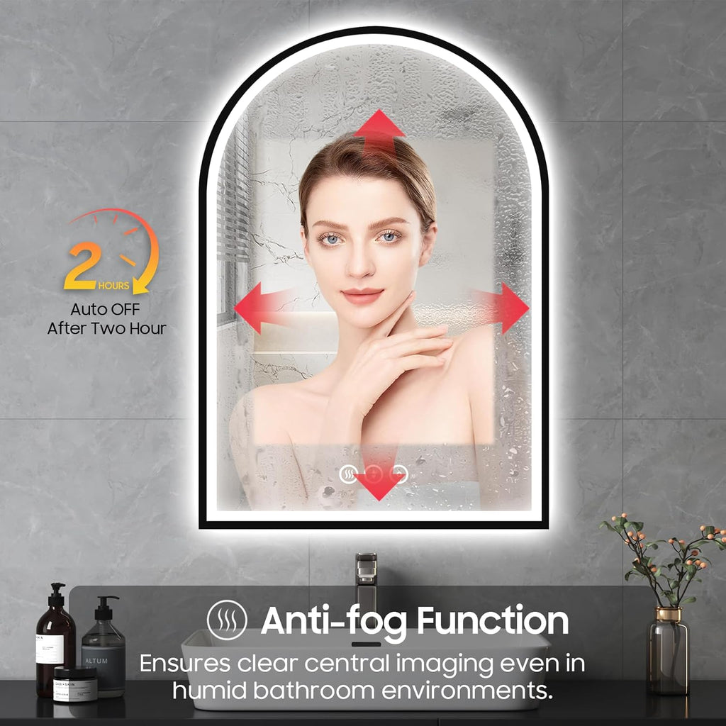 20x30 Inch Arch LED Bathroom Mirror, Black Lighted Bathroom Mirrors Wall Mounted, Vanity Mirror with Anti-Fog, Memory Function, 3 Color Temperature, Dimmable Led Mirror for Bathroom