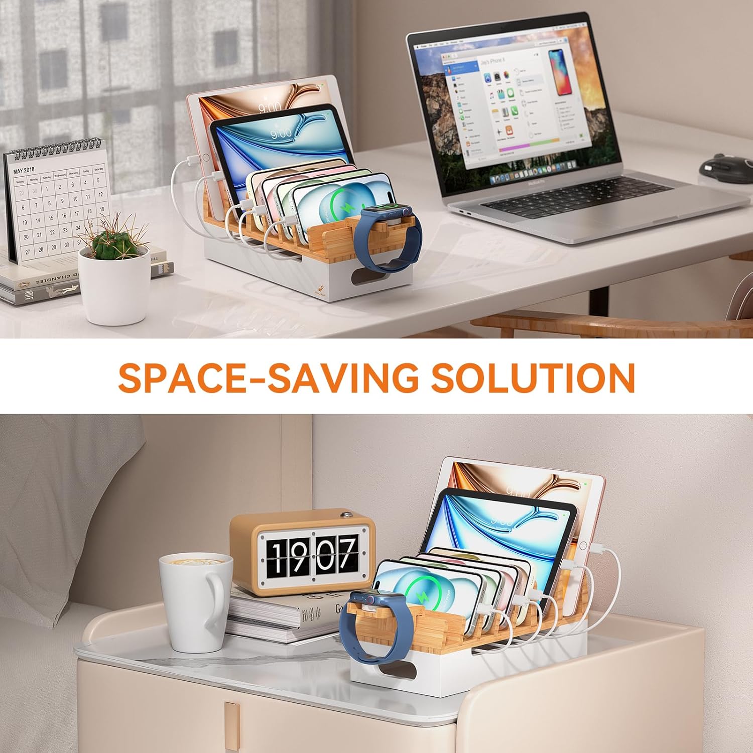 Pezin & Hulin Bamboo Charging Station with Watch Stand, Docking Holder for Multi Device with USB Charger HUB, 5 Charge Cables, Desktop Electronic Organizer for Phone, Tablet, Watch-Natural + White