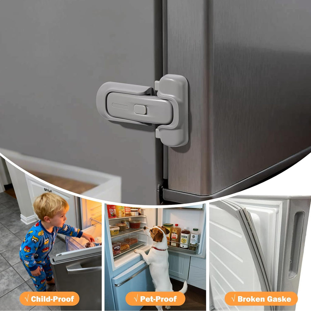 CLYMENE Child Proof Fridge Lock, Auto-Locking Refrigerator Door Latch with One-Hand Operation | No Keys or Straps | Keeps Freezer Secure from Kids & Pets – Grey