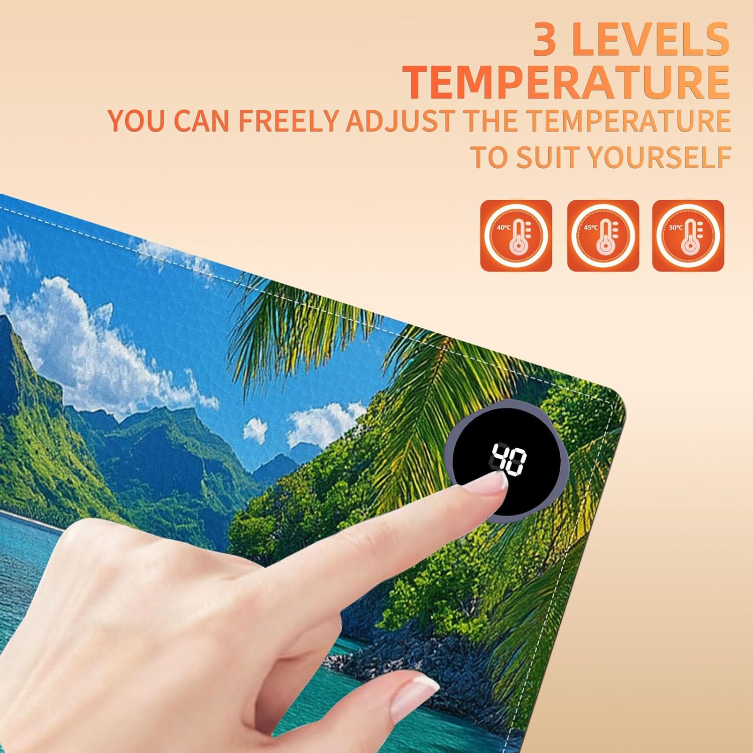 Heated Mouse Pad 31.5x13 in 3-Temp Fast Heating Desk Mat with Auto Timer Warmer for Hands Wrist Pain Relief Waterproof Keyboard Mat for Office, Gaming, Home, Tropical Paradise Beach