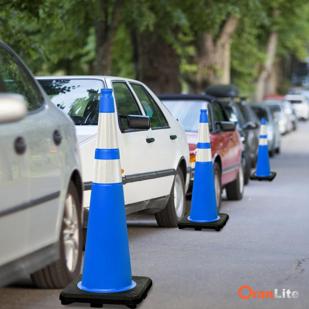 6 Pack 36" Large-Sized PVC Traffic Cones with Heavy-Duty Black Base, Garage Parking Lot Cones Structurally Stable Weatherproof Road Construction Safety Cones (6, Blue, 36" Extra Large)