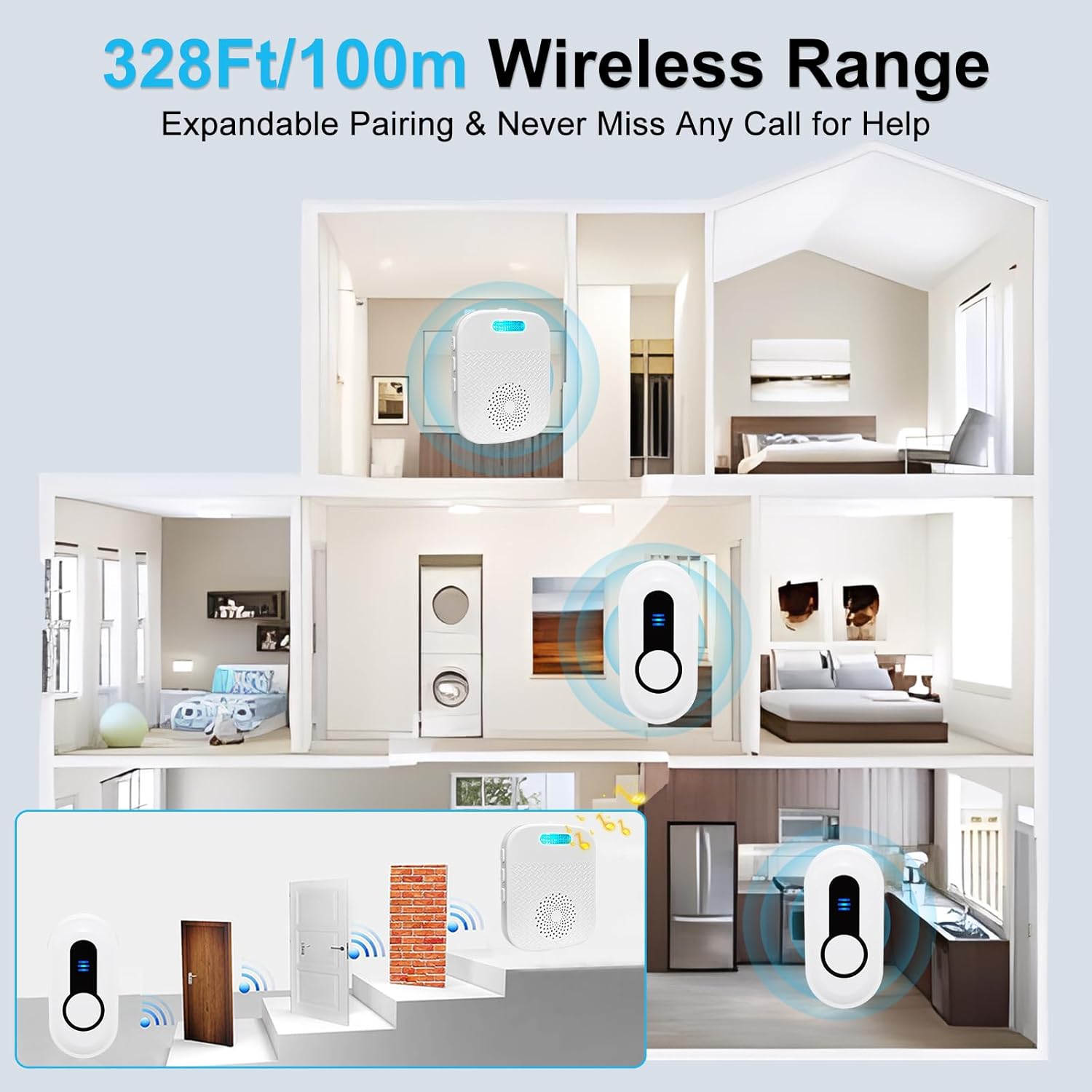 Wireless Caregiver Pager Call Button Nurse Call System Rechargeable & Portable Receiver with 328Ft Range for Elderly/Patient/Disabled at Home/Hospital (1Receiver &1 Emergency Button