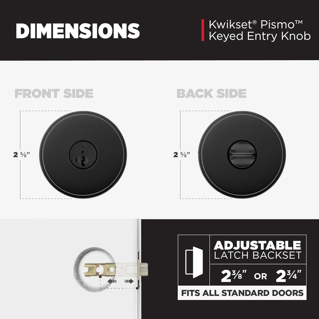 Kwikset Pismo Entry Door Knob with Lock and Key, Secure Keyed Handle Exterior, Front Entrance and Bedroom, Matte Black, 4 Pack, Pick Resistant SmartKey Rekey Security and Microban